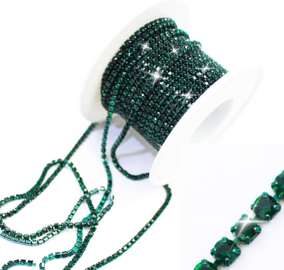PEARLY JUN 10 Yards Green Rhinestone Chain Emerald Rhinestone Trim Crystal Artificial Stone Trim Cup Chain SS6 2mm Color Plated Cup Stitch Costume Decoration