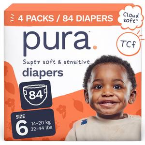 Pura Baby Diapers Size 6 (32-44 lbs) 84 Count Sensitive Skin | 12 Hour Leak Protection, New Blowout Blocker, Cloud Soft, Totally Chlorine Free*, Allergy UK Certified