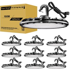 UFO LED High Bay Light 100W 10Pack, High Bay LED Shop lights 5000K 11,000Lm with US Plug, Hanging Hook, Safe Rope, Waterproof Commercial Bay Lighting for Warehouse Factory Barn Shop - UL Listed