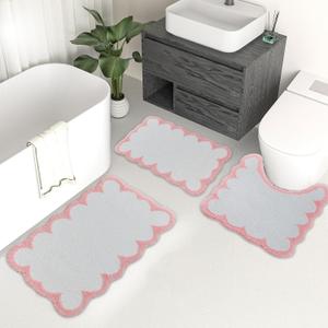 Urltmaji Scalloped Bathroom Rugs Sets 3 Piece, Non-Slip Cute Bath Mat with U-Shaped Contour Quick Dry Absorbent Plush Microfiber Pink Toilet Mats Fun Machine Washable Bath Rug for Sink Tub Shower (U 24" x 20"+26" x 18" + 32" x 20")