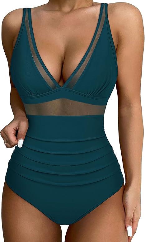 SUUKSESS Women Slimming Tummy Control One Piece Swimsuits Sexy Mesh High Waisted Monokini Bathing Suits (Blue, L)