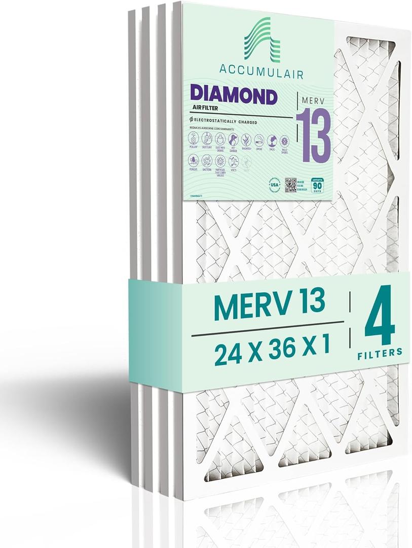 Accumulair Diamond 24x36x1 MERV 13 HVAC Air Filter (4-Pack) | Replacement Air Filter for AC and Furnace | Made in USA | Actual Size 23.5 x 35.5 x 0.75 , White