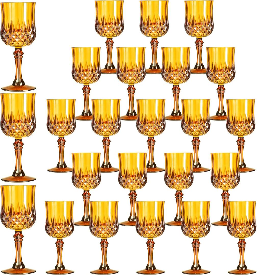 XKXKKE 24 Pcs Amber Plastic Wine Glasses, Plastic Water Goblets for Parties, Stemmed Drinking Glasses for Wedding Reception, Grand Event Party Bar Supplies Reusable Drinking Cups