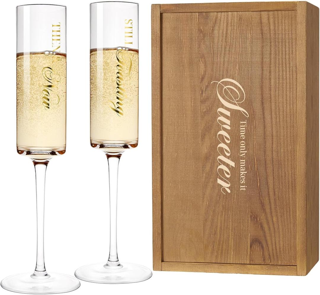 AW BRIDAL Anniversary Champagne Flutes Set of 2, Crystal Toasting Glasses with Wooden Keepsake Box, Couple Gifts for Married Couples, Parents, Wedding Anniversary Engagement Gifts (Then & NowBrown)