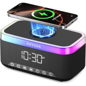 S300 10W Stereo Portable Bluetooth Speaker with 15W Fast Wireless Charging, 13-Color Dimmable Night Light, White Noise, Alarm, FM Radio, BT5.3, TWS, for Home, Office, Bedroom (Black)