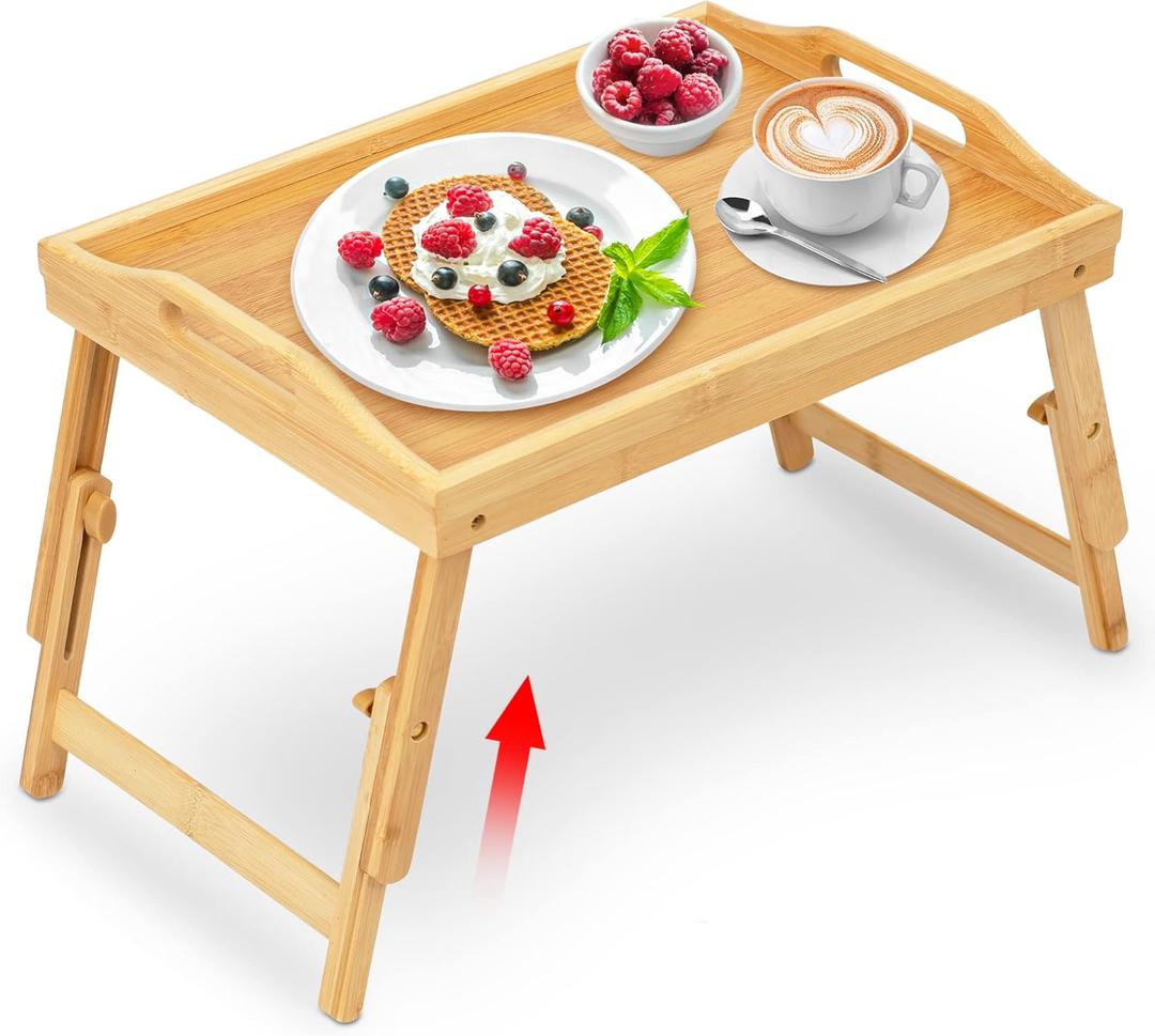 Breakfast Bed Tray for Eating - Raised Food Table Up to 9.5" on Lap Sofa - Adjustable Bamboo Serving Tray - Portable Snack Platter with Folding Legs Ideal for Bedroom Picnic (Medium, Natural)