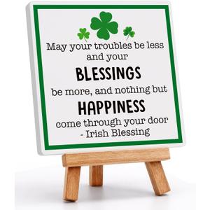 St Patricks Day Decoration - Happy Saint Patricks Day Accessories Decor, Wood Ceramic Irish Blessing Table Desk Sign, Green Lucky Shamrock Home Office Spring Tiered Tray Decor Centerpiece