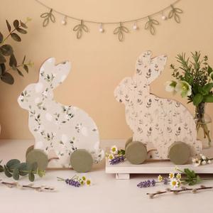 Yousoontic 2 Pcs Bunny Baby Shower Decoration Wooden Bunnies Decor with Wheels Baby Shower Table Centerpieces with Floral Prints Gift for Mom Gender Reveal Birthday Party, Nursery Decor(Green Bunny)