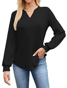 ALFYRCFT Long Sleeve Shirts for Women V Neck Pleated Puff Sleeve Tunic Tops Dressy Business Casual Work Blouses Fall Black 2XL