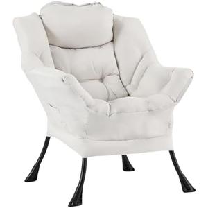 Welnow Lazy Chair for Living Room, Modern Reading Lounge Accent Chair with Armrests and a Side Pocket, Leisure Upholstered Lazy Sofa for Small Space, Bedroom, Dorm, Beige