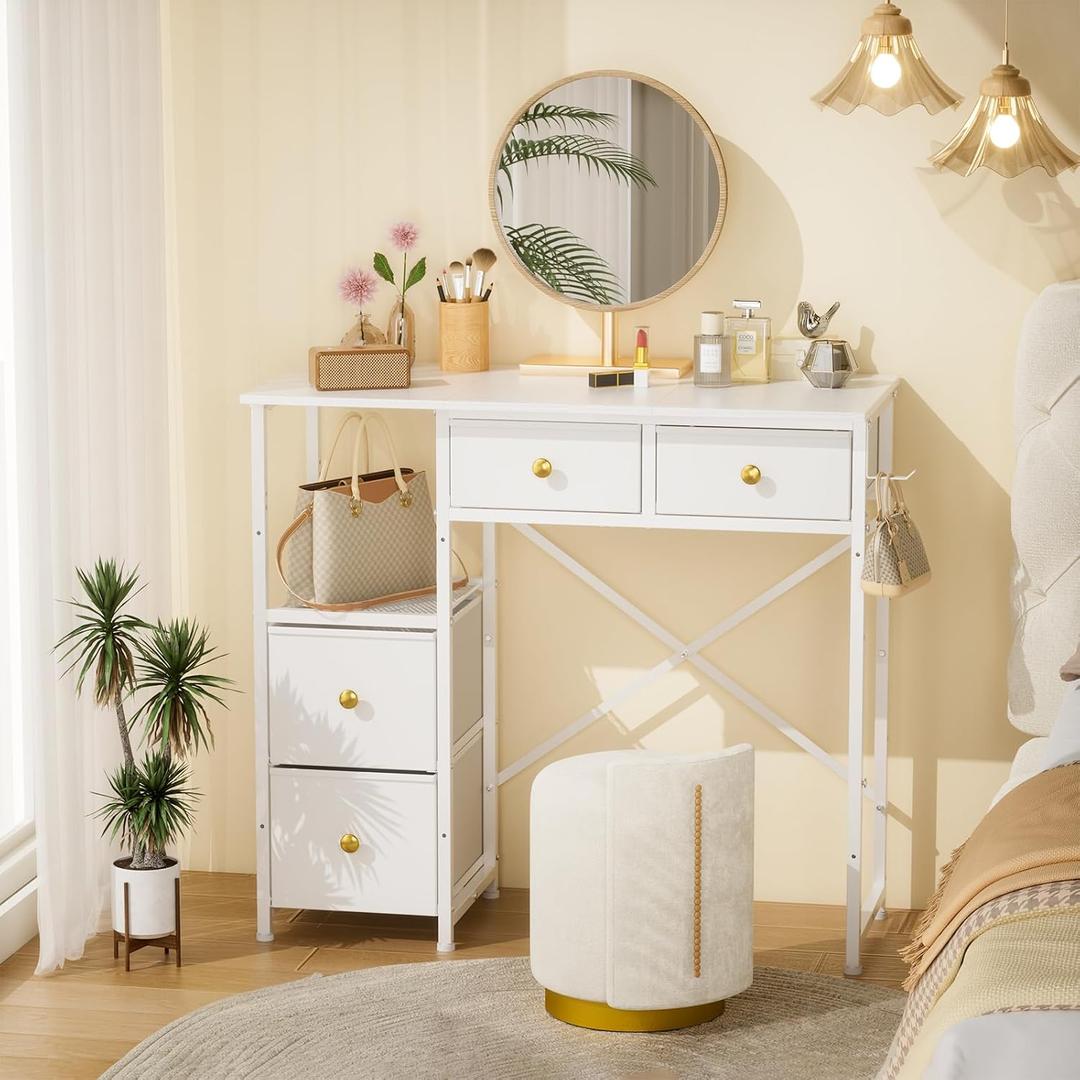 3IngSeagulls White Vanity Desk Without Mirror, Small Makeup Desk with 4 Fabric Drawers, 33.5 Inches Dressing Table with Storage, Vanity Table for Bedroom with Hook, White, Four Drawers