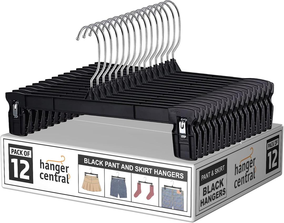 Hanger Central 12 Pack Space Saving Heavy Duty Slim Plastic Pants, Skirts, Shorts Hangers, Ridged Non-Slip with Pinch Clips, 360-Rotating Chrome Swivel Hook, in Black, 12 Inches