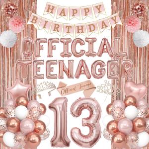 13th Birthday Party Decorations for Girls, Rose Gold Official Teenager Foil Balloons 13th Birthday Banner Fringe Curtain Crown Sash Paper Pompoms Cake Topper for 13 Year Old Girls Party Favor Supplies