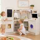 Wooden Corner Play Kitchen Sets with Ice Maker,Water Dispenser,Bread Maker,Washing Machine,Electronic Display,Toy Sink with Running Water,Stove with Light&Sounds, Birthday Gift for 3+Boys Girl
