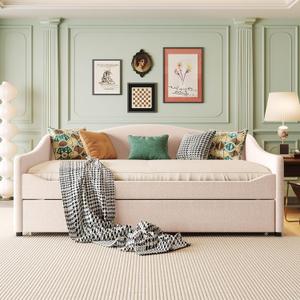 Acosure Teddy Fleece Full Size Upholstered Daybed with LED Light and Trundle,Modern Wood Platform Bed W/Side Stripes,Easy Assembly,for Bedroom,Living Room,Guestroom,Beige