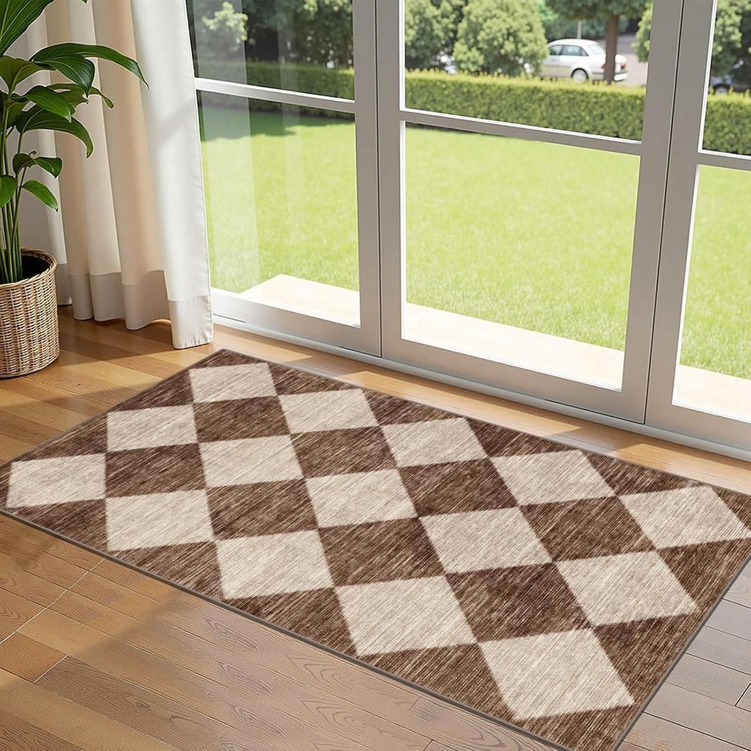 Front Door Mat Indoor Entrance - 2x4.3 Ft Brown Beige Non-Slip Washable Outdoor Porch Rug Doormats Geometric Checkered Diamond Runner Rug for Front Door Kitchen Hallway Bedroom Laundry Room