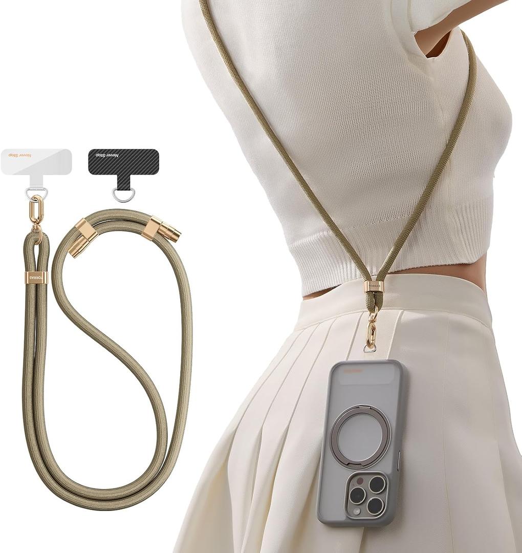 TORRAS Phone Lanyard Crossbody with 2 Phone Tabs, Adjustable Anti Theft Phone Strap for iPhone 17 Pro Max, Premium Metal Buckles, Universal Cell Phone Neck lanyard for Women and Men, Khaki