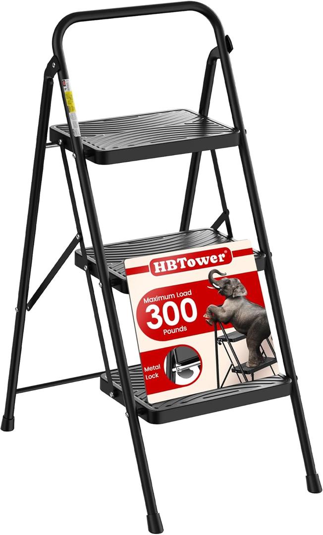 HBtower 3 Step Ladder, Step Stool with Wide Anti-Slip Pedal, Step Ladder Folding Step Stool for Adults, Lightweight Steel Portable ladders for Home Kitchen