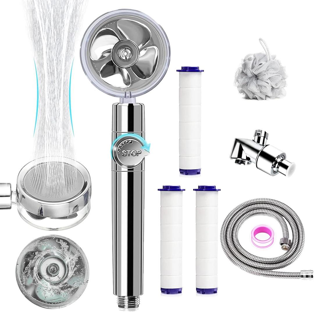 Besititli Turbocharged Handheld Shower Head, High Pressure Water Saving Handheld Propeller Showerhead with Filters Vortex Shower Head Pause Switch Hydro Jet Shower Head Easy Install Turbo Shower Head (Gray)