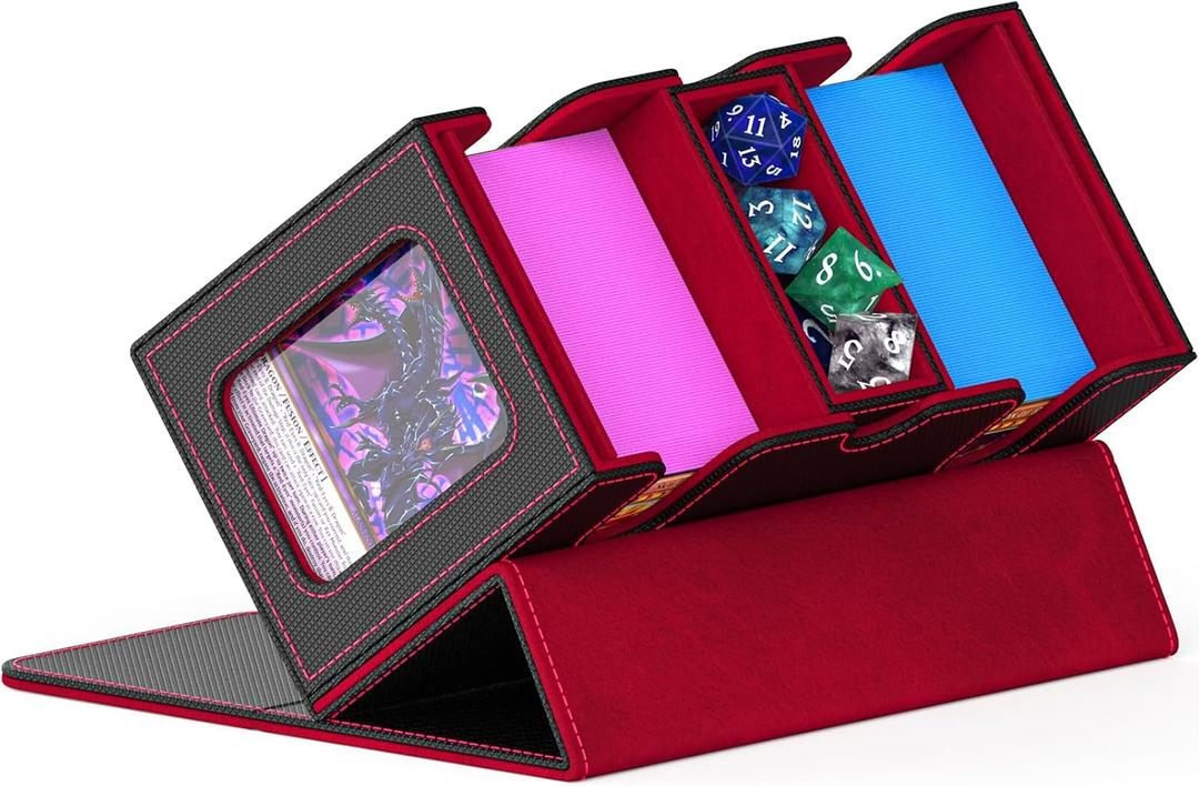 TopMade Card Deck Box with Commander Display, Trading Card Storage Box 520+ with Dice Tray, Leather Magnetic Closure Trading Card Case for YuGiOh, TCG, MTG and Sport Cards - Black & Red