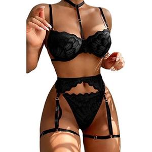 Lilosy Sexy Choker Floral Lace Scallop Sheer Underwire Push Up Garter Belt Lingerie Set 3 Piece Size XS