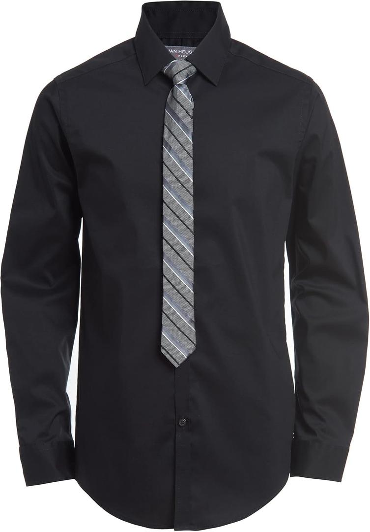 Van Heusen Boys' Long Sleeve Collared Button-Down Dress Shirt and Tie Set, Black Stripe, Size: 10-12 Husky