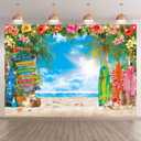 7x5ft Summer Hawaiian Beach Photography Backdrop Tropical Flower Palm Leaves Surfboard Background for Luau Aloha Party Decoration Banner Photo Booth