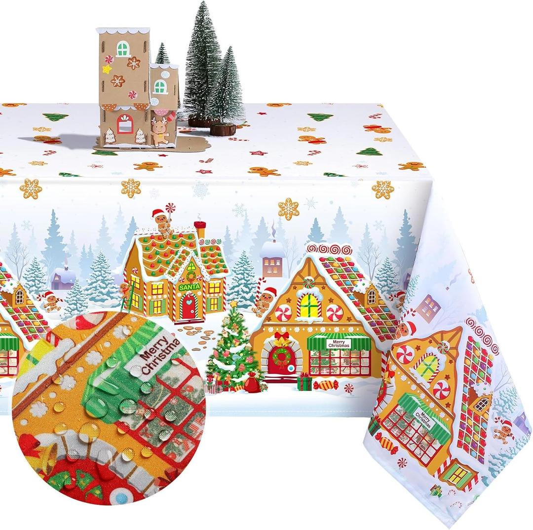 Tiamon 60 x 104 Inch Christmas Gingerbread Tablecloth Reusable Gingerbread Man Table Cover Polyester Christmas Tree Tablecloth Rectangle for Winter Xmas Holiday Dinner Decor Party Favors