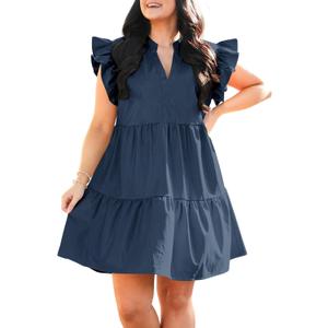 Fisoew Plus Size Dresses for Women Summer Ruffle Short Sleeve V Neck Dress Tiered Swing A Line Babydoll Mini Dress XXL