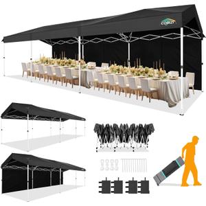 COBIZI 10x30 Party Tent with Wheeled Bag 10x30 Pop up Canopy with One-Push Setup, Outdoor Canopy with 3 Sidewalls Gazebo Event Shelter for Wedding Commercial with Sandbags,Waterproof & UPF50+, Black