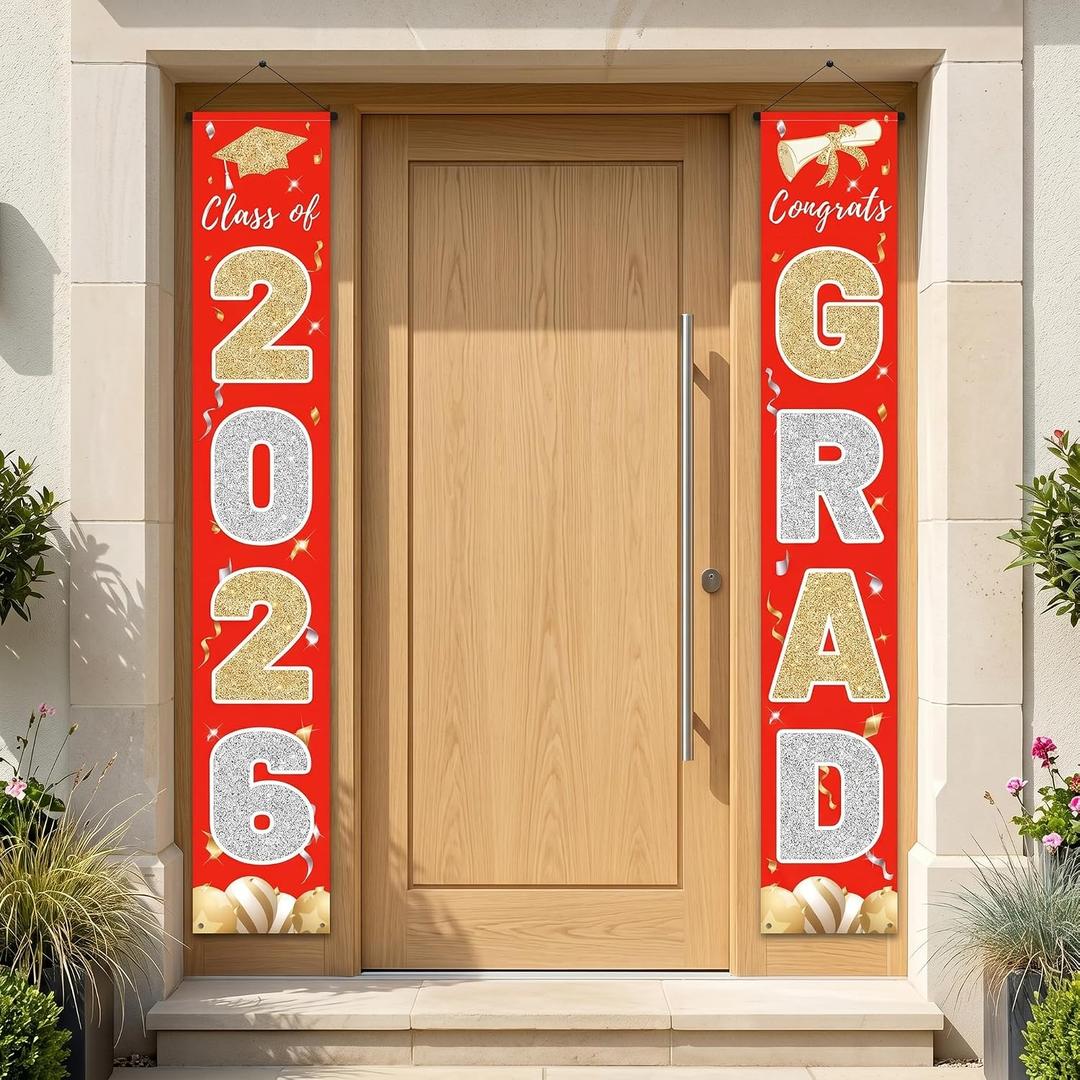 2 x 2026 Graduation Banner Congrats Grad Red - Class of 2026 Porch Sign for Party, Porch Banner Outdoor Graduation Decorations