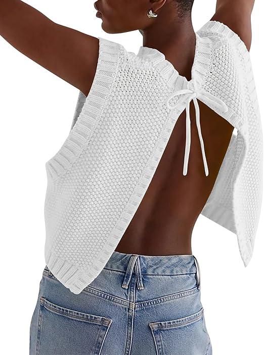 Soly Hux Women Y2K Backless Tie Up Knit Crop Sweater Vest Sleeveless Round Neck Split Open Back Pullover Summer Tank Top Xs