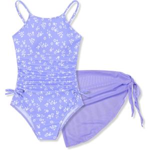 Girls Floral One Piece Swimsuit and Cover Up Skirt Set Purple Bathing Suit for Girls Size 6-7 (Purple)