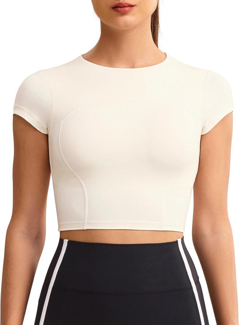 ENERBLOOM Workout Crop Tops for Women Yoga Short Sleeve Mild Support Slim Fit Cropped Athletic Shirts Gym Tee Built in Bra (Medium, Creamy White)