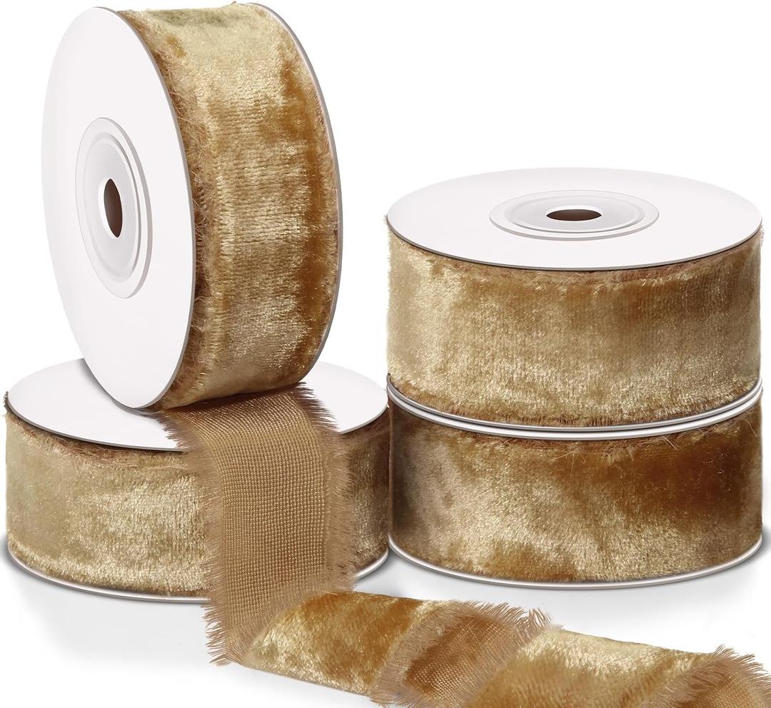 Preboun 4 Rolls Christmas Velvet Ribbon for Gift Wrapping 24 Yards Total Frayed Edge Velvet Silk Ribbon for Christmas Wedding Baby Shower DIY Crafts Decor(Khaki,1 Inch)