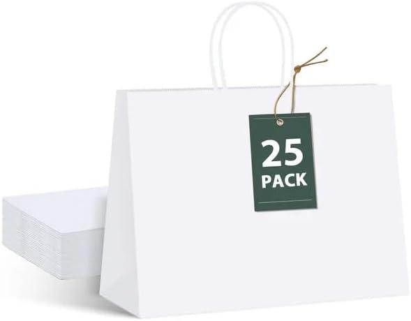 GSSUSA Large Paper Gift Bags 16x6x12'' 25Pcs White Paper Bags with Handles, Shopping Bag for Small Business, Sturdy Kraft Paper, for Boutique, Party Favor Bag, Valentine's Day Craft