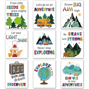 Nezyo 9 Pcs Colorful Camping Art Print 8 x 10 Inch Adventure Motivational Posters for Camper Travel Themed Canvas Posters Outdoor Adventure Inspirational Wall Art for Bedroom and Office Nursery
