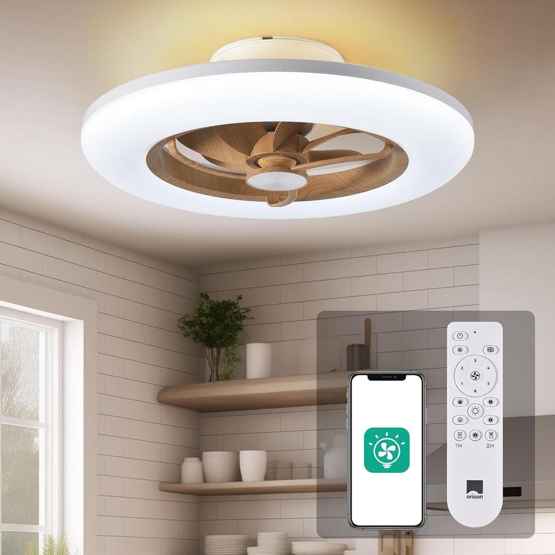 Orison Ceiling Fan with Light - Modern Flush Mount Enclosed Ceiling Fan 22.4" LED Dimmable Bladeless Ceiling Fans with Remote Control,Smart 3 Light Color and 6 speeds 7 Blades (Wooden Regular)