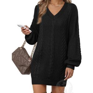 Women's Pullovers Jumper Sweaters Lantern Sleeve Casual V Neck Fall Knit Mini Sweater Dresses Vafoly Size S