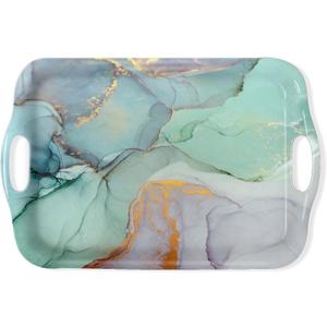 Serving Tray Decorative Tray with Handles Multi-Purpose Rectangular Serving Trays for Restaurant, Parties, Coffee Table, Kitchen - Teal Marble Pattern