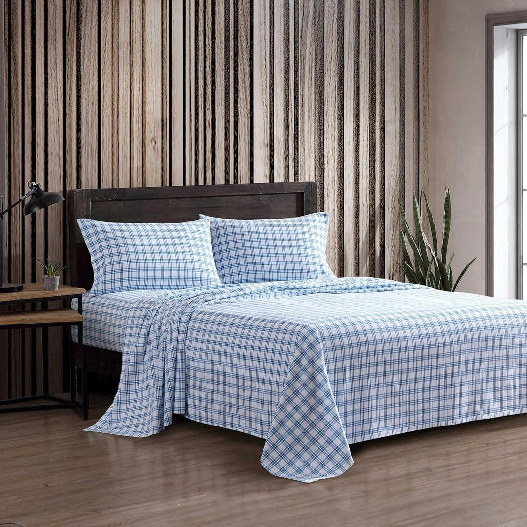 Eddie Bauer - Full Bed Sheets, Cotton Flannel Bedding Set with Matching Pillowcases, Brushed for Extra Softness, Deep Pocket, Oeko-Tex Certified (Arrowhead Tartan Blue)