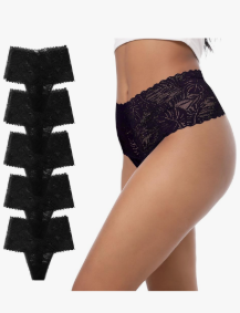 High Waisted Thongs Lace Full Coverage Soft Tangas Tropical Plants Lace Thongs Comfortable Sexy Underwear, Small