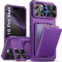 SSLOTSCASE for iPhone 16 Pro Max Case with Credit Card Holder & Stand & Slide Lens Cover & Kickstand, Stylish Sturdy TPU Soft Silicone Edge Protective Phone Case for iPhone 16 Pro Max 6.9", Purple