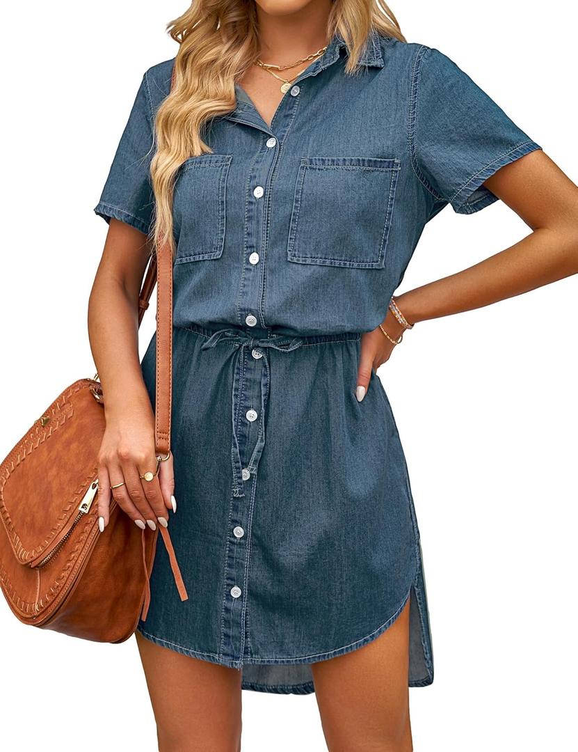 luvamia Women Casual Denim Dress Short Sleeve Tie Waist Classic Jean Shirt Dress (Small, Vintage Blue)