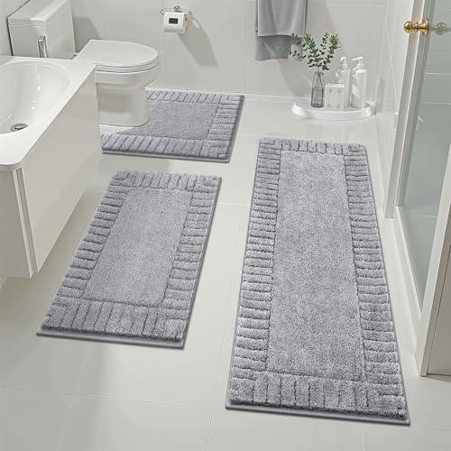 Pauwer Bathroom Rugs Sets 3 Piece Bathroom Shower Rugs with U-Shaped Contour Toilet Mat Absorbent Microfiber Plush Bath Mats Non Slip Bath Rugs Machine Washable Shaggy Bath Mat Set, Light Grey