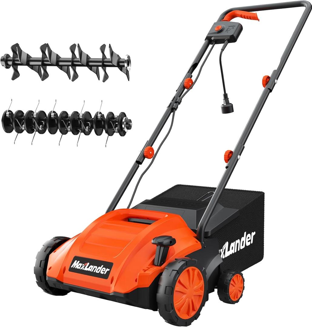 MAXLANDER Electric Dethatcher and Scarifier, 13 12Amp 2-in-1 Lawn Dethatcher with 4-Position Depth Adjustment, 30L Removable Collection Bag, Airboost Technology Increases Lawn Health