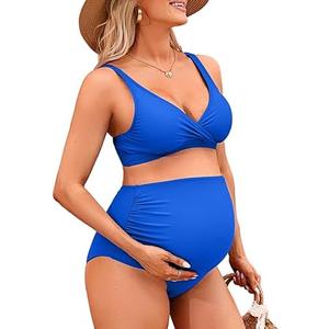 Charmo High Waisted Maternity Swimsuit Bikini Set V Neck Pregnancy Bathing Suits Push Up Two Piece Swimwear, Bright Blue  M