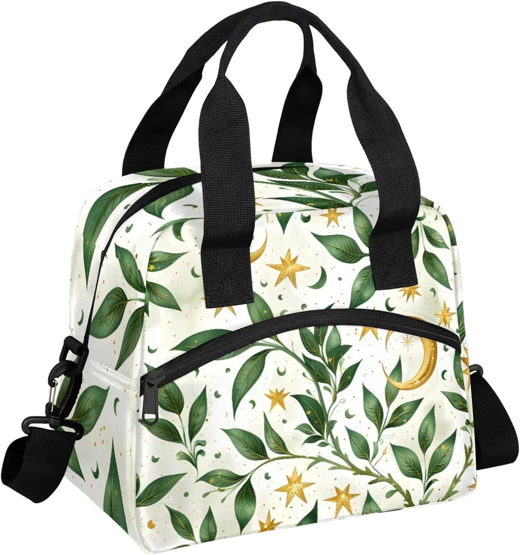 Insulated Lunch Bag for Women - Girl Green Leaves Box Reusable Meal Tote with Adjustable Shoulder Strap, Large Lunchbox for School Work Picnic Travel Camp Adult Children Kids Teens