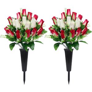 2 Sets Artificial Cemetery Flowers with Vase Memorial Flowers Bouquet & Heavy-Ground Spike Vases Fade-Proof, Windproof Grave Memorial Flowers for Cemetery Headstones Decoration (Rose red white)
