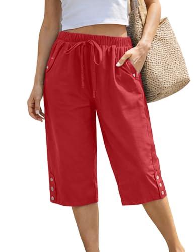 WROLEM Women Pocket Pants Lightweight Wide Leg Drawstring Elastic Waist Lounge Cropped Pants (XL, Red)